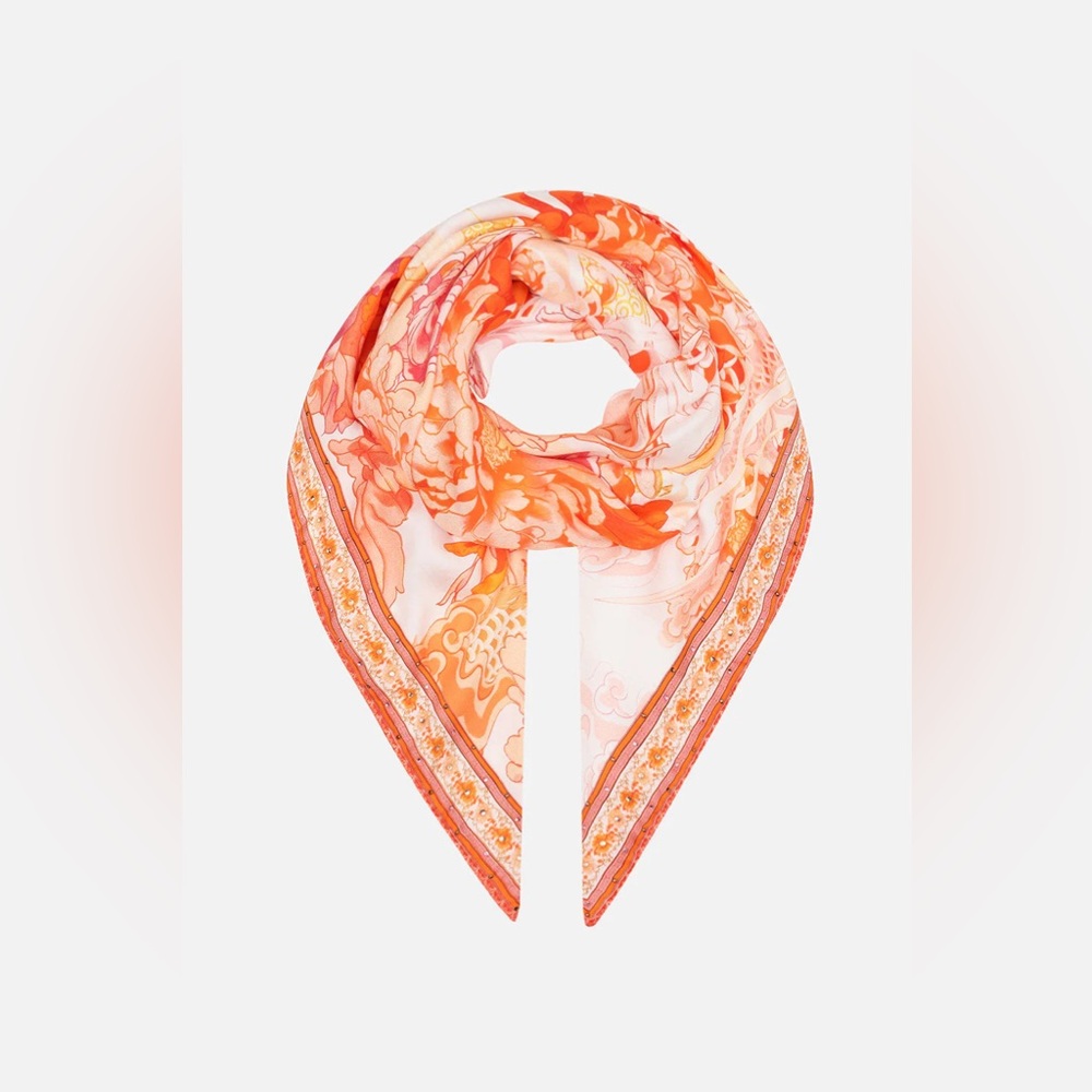 CAMILLA “Dragon Mother” orange white floral silk square scarf belt top headwrap
